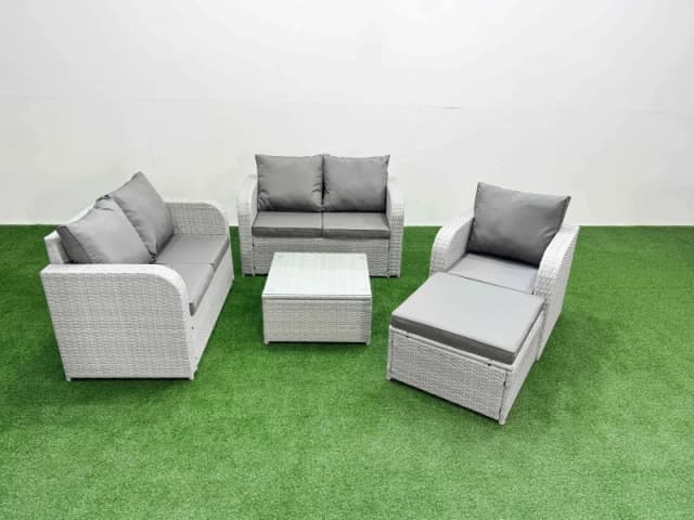 Fimous High Back Poly Rattan Garden Furniture Set with Reclining Chair Loveseat Sofa Square Coffee Table Indoor Outdoor Patio Set Big Stool Light Gre