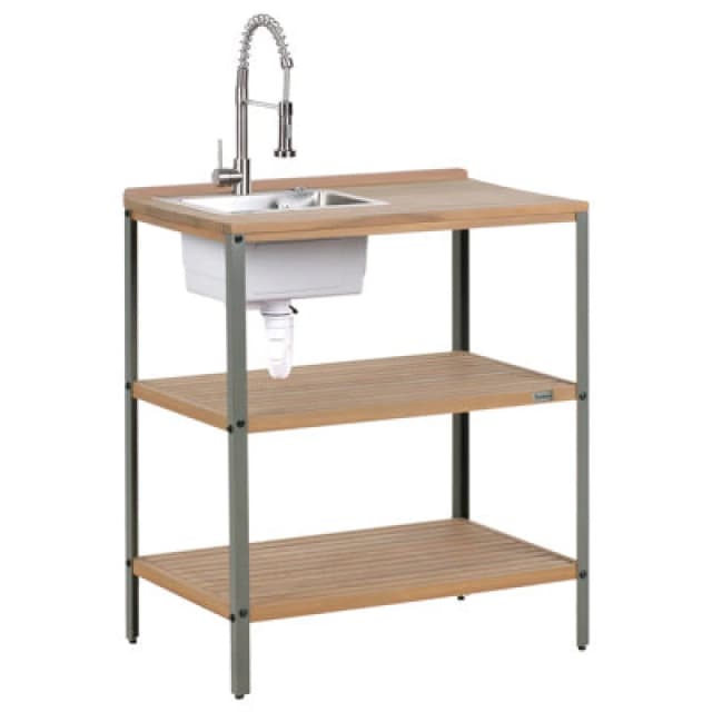 Beliani Outdoor Kitchen Island With Sink Ivrea Certified Acacia Wood Brown/ Silver