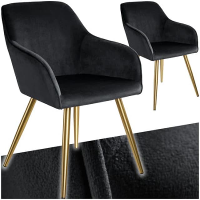 Tectake Set Of 2 Chair Marilyn With Velvet Cover, Gold Steel Legs And Plush Padding - Black/gold