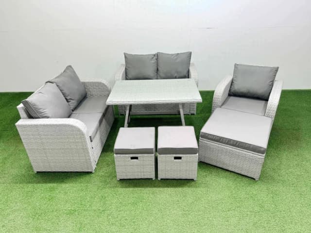 Fimous 8 Seater Rattan Garden Furniture Set Love Sofa Reclining Chair Set in Light Grey Light Grey Unisex