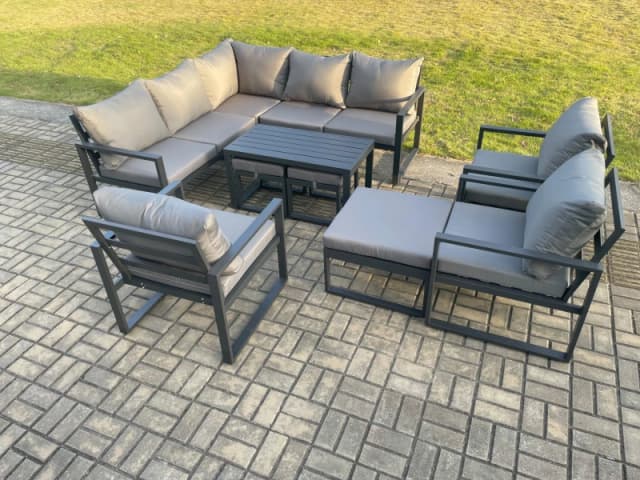 Fimous 11 Seater Aluminium Outdoor Garden Furniture Set Patio Lounge Sofa with Oblong Coffee Table Chair 3 Footstools Dark Grey Dark Grey Unisex