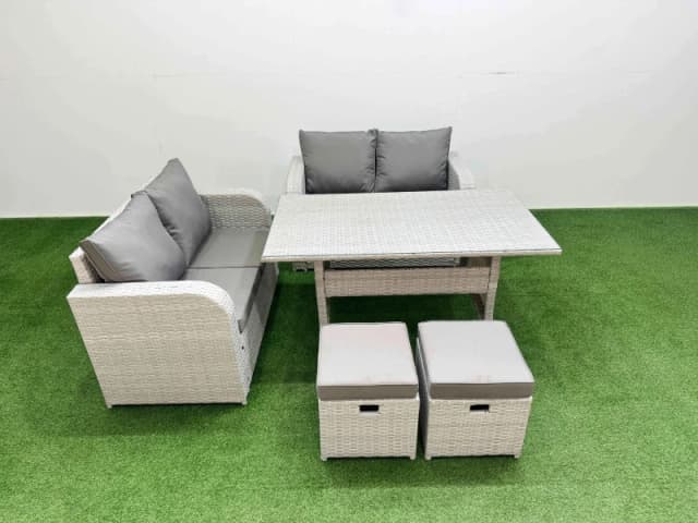 Fimous 6 Seater Outdoor Love Sofa Set Rattan Garden Furniture Set with Rectangular Dining Table 2 Small Stools Light Grey Light Grey