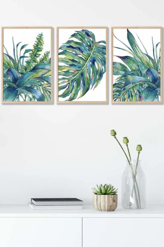 ARTZE Framed Blue Green Watercolour Tropical Leaves Framed Wall Art - Medium in Light Oak Size: W45cm x H62cm x D20mm Light Oak Unisex W45cm x H6