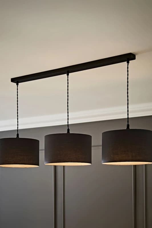 ValueLights ValueLights Reni Fabric Drum Shade 3 Drop Bar Matte Black Diner Ceiling Pendant Light in Charcoal Charcoal One Size Unisex 5059406063282
