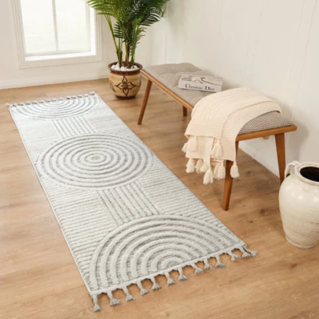 Livabliss Nora-Modern Grey Ivory High Pile Fringe Living Dining Bedroom Rug 80 X 220 Cm Easy Care, Non Shedding