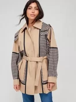 BOSS Casita Premium Houndstooth Short Trench Coat - Beige, Beige, Size 40, Women
