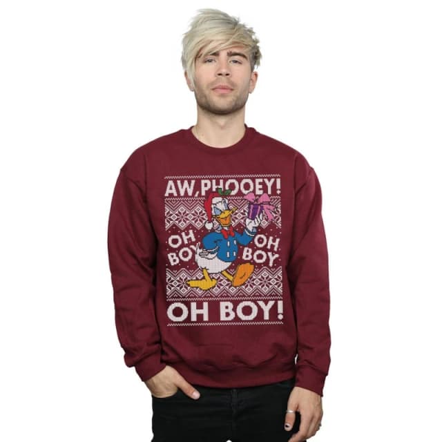 Disney Men Donald Duck Christmas Fair Isle Sweatshirt in Burgundy Size: Small Burgundy S Male 5057736355114