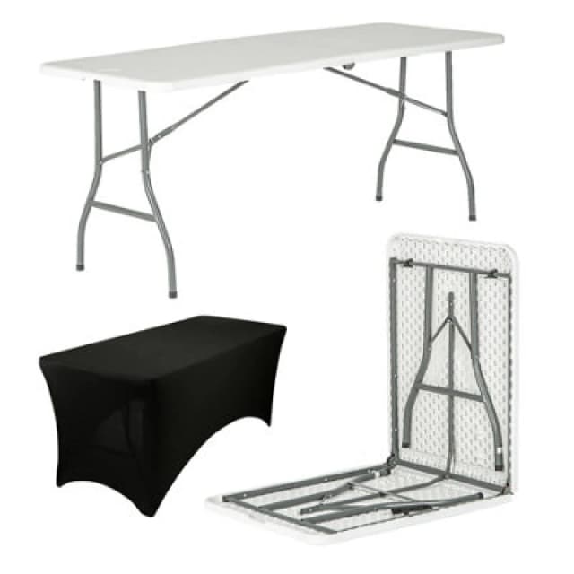 Harbour Housewares Folding Camping Picnic Table With Fitted Tablecloth - 180Cm (6ft) - White/black - Portable Plastic Outdoor Party Display