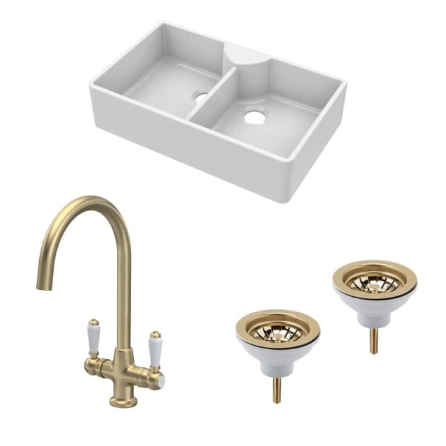 Balterley Fireclay 2 Bowl Butler Sink 2 x Wastes Tap Brushed Brass 895mm Bronze