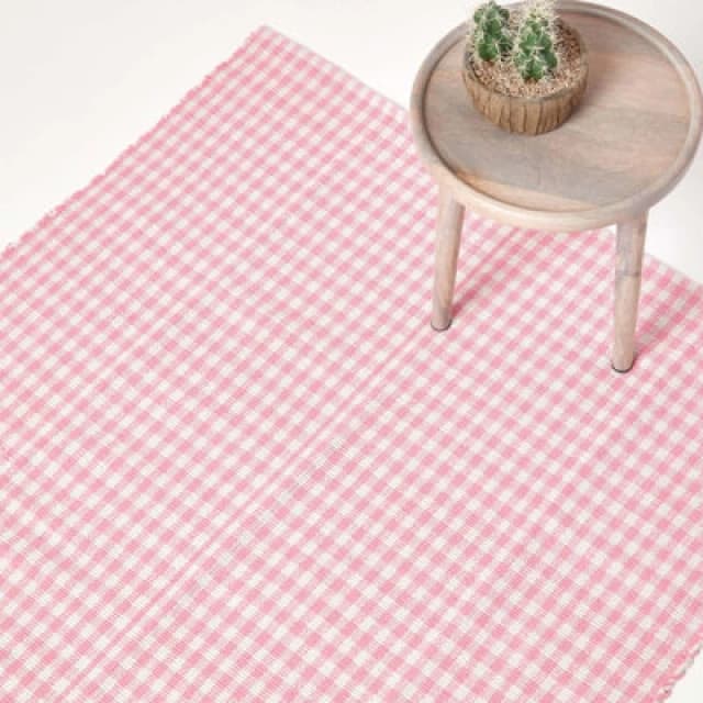 Homescapes Cotton Gingham Check Rug Hand Woven Pink White, 110 X 170 Cm