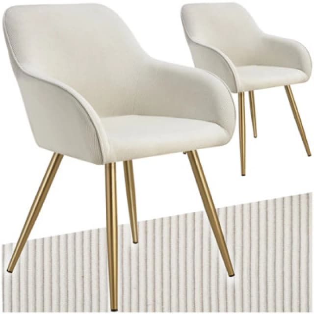 Tectake Set Of 2 Dining Chair Marilyn - Corduroy Look, Upholstered, Armchair, Continuous Backrest - Cream/gold
