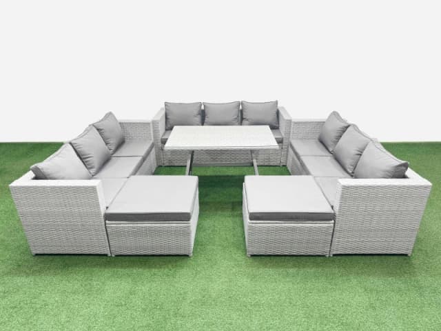 Fimous 11 Seat Patio PE Rattan Garden Furniture with 2 Big Stools Light Grey Light Grey Unisex