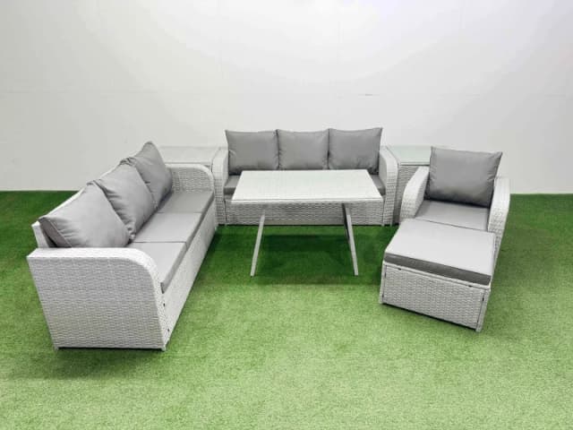 Fimous 7 Pieces Outdoor PE Rattan Garden Furniture with 2 Side Tables Stool in Light Grey Light Grey Unisex