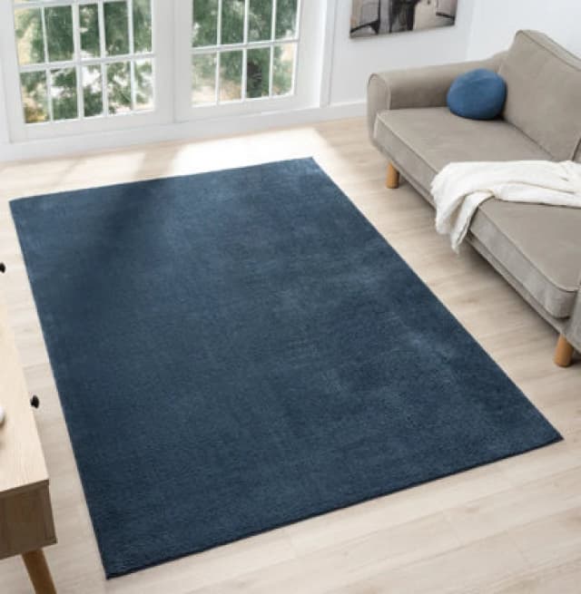 Comfy Washable Low Pile Living Room Area Rug - Anti Slip Felt Backing Navy 120Cm X 160Cm