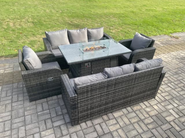 Fimous Rattan Outdoor Garden Furniture Sofa Set Gas Fire Pit Dining Table Gas Heater with 3 Seater Sofa Recling Chair 8 Seater Dark Grey