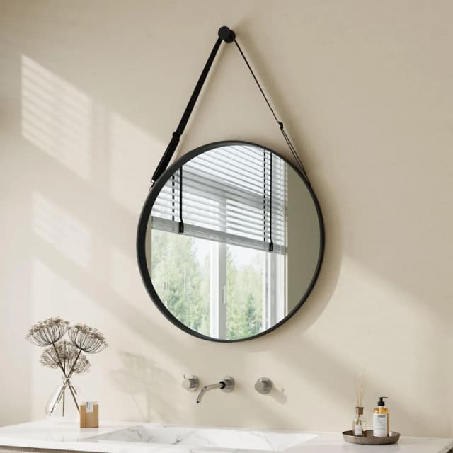 Cottonfy UK Round Hanging Mirror with Adjustable Strap, 70cm - Black L