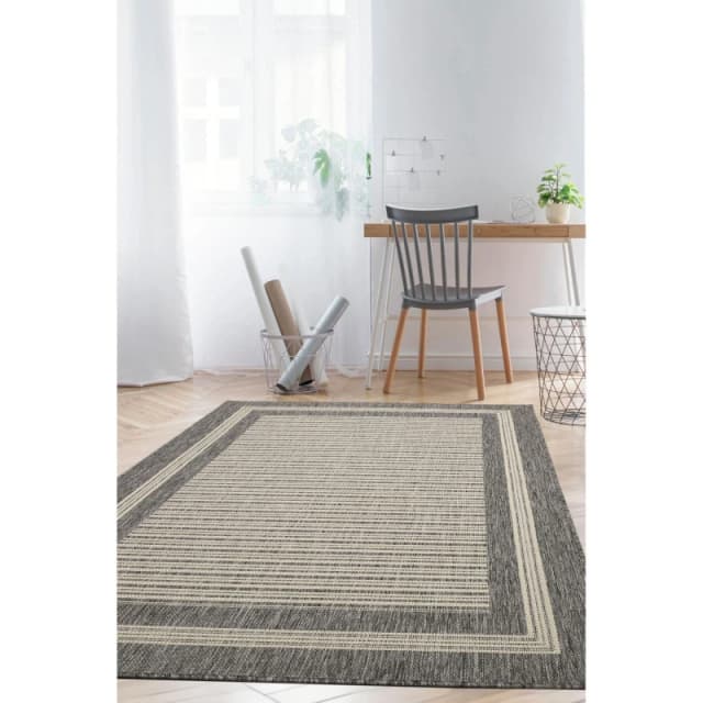 Melrose County Flatweave Grey Bordered Indoor Non-Slip Small Area Rug 080/150Cm