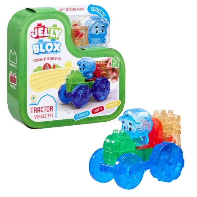 JELLY BLOX - Tractor Set 12 Tactiele Zachte Bouwstenen Spel met Trekker en Boer Sensorische Bouwset voor Kinderen vanaf 2 Jaar Uitschuifbare en Fl