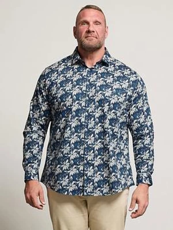 BadRhino BadRhino Men Premium Leaf Print Long Sleeve Shirt in Mid Navy Mid Navy One Size Male 5063589043573