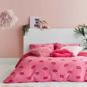 Sassy B Pouting Lips Print Reversible Jersey Duvet Cover Set, Pink, King