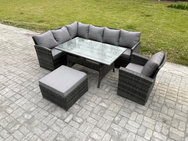 Fimous 8 Seater Outdoor Rattan Garden Furniture Set with Rectangular Dining Table Big Footstool Armchair Patio Corner Sofa Set in Dark Grey Dark Grey