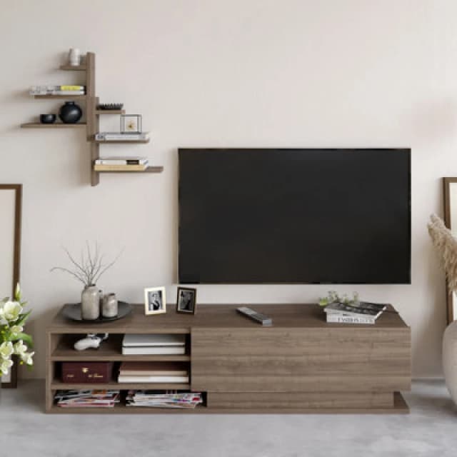 Decorotika Linda TV Stand With Wall Shelves For Tvs Up To 67" (Walnut Pattern)