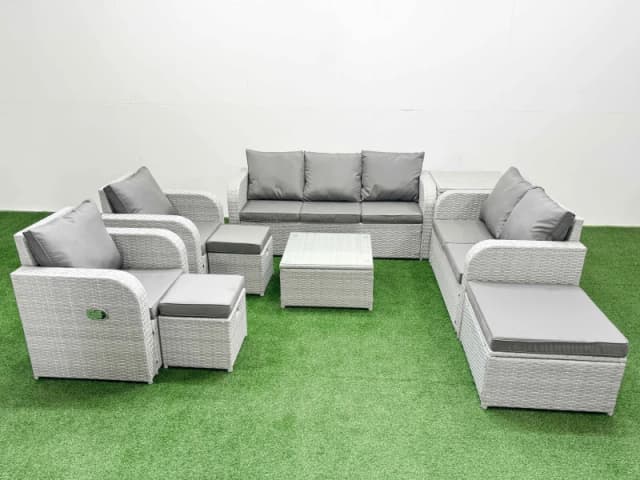 Fimous PE Rattan Garden Furniture Set Adjustable Chair Sofa Double Love Seat 2 Seater Sofa Lounge Set Square Coffee Table 3 Stools Side Table Light Gr