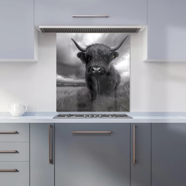 Warren Reed - Designer Black & White Highland Cow Kitchen Splashback in Grey Size: 700mm x 750mm Grey Unisex 700mm x 750mm