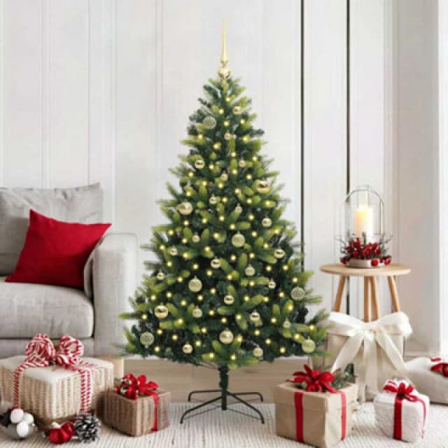vidaXL Artificial Hinged Christmas Tree 150 LEDs, Gold Balls Green 150 cm, Green 3395986