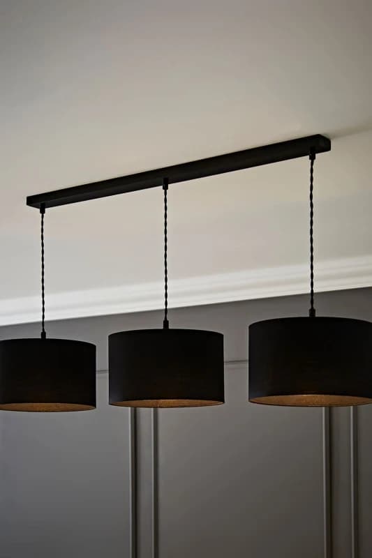 ValueLights ValueLights Reni Fabric Drum Shade 3 Drop Bar Matte Black Diner Ceiling Pendant Light Black One Size Unisex 5059406063206