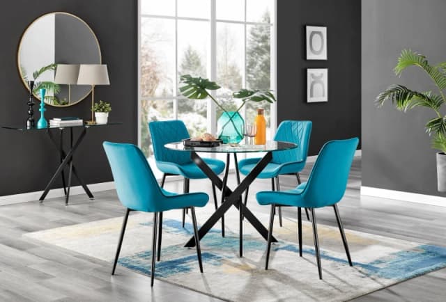 FurnitureboxUK FurnitureboxUK Novara 4 Seater Black Leg Round Glass Dining Table & 4 Pesaro Soft Velvet Black Leg Chairs in Blue Blue One Size Unisex