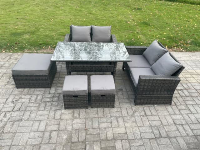 Fimous 7 Seater High Back Outdoor Garden Furniture Rattan Sofa Dining Table Set with 3 Footstools Dark Grey Mixed Dark Grey Unisex