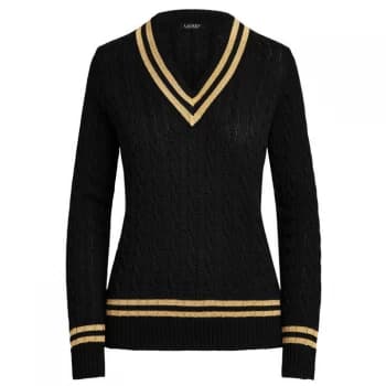 Lauren by Ralph Lauren Metallic V Neck Cricket Jumper - Black/Gold LRX