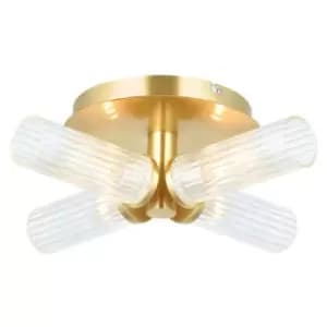 Endon Talo Bathroom Multi Arm Glass Semi Flush Ceiling Lamp, Satin Brass Plate, Ribbed Glass, IP44