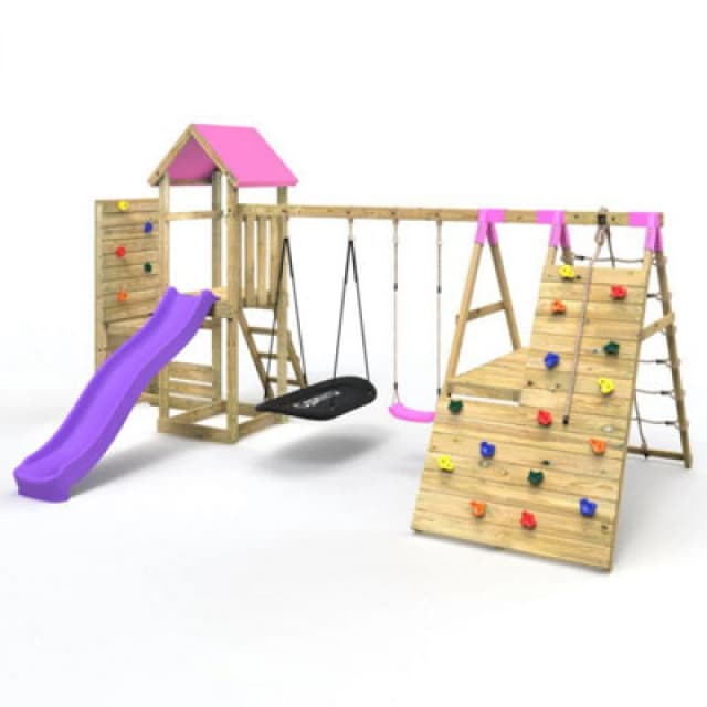 Rebo Wooden Climbing Frame with Swings, Climbing Walls and Slide - San Luis Pink Pink
