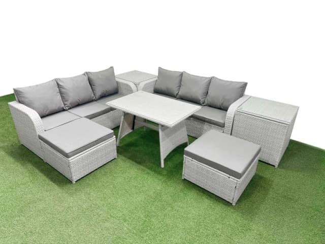 Fimous Rattan High Back Lounge Sofa Set with 2 Side Tables 2 Big Stool in Light Grey Light Grey Unisex