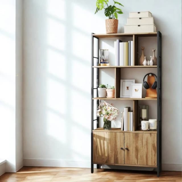 Pirlo Plush Industrial Bookcase Storage Cabinet Shelving Unit Rustic Oak in Light Oak Light Oak Unisex