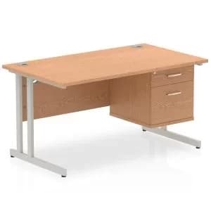 Impulse 1400 Rectangle Silver Cant Leg Desk OAK 1 x 2 Drawer Fixed Ped