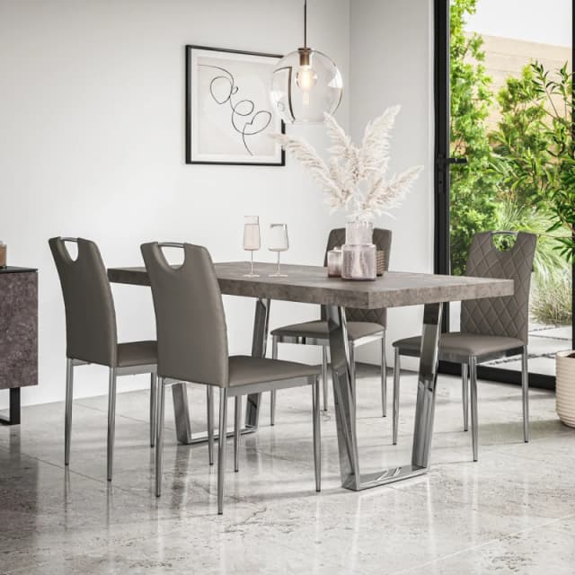 More4Homes Aria Dining Table And Chairs - Concrete Effect Table Top W Chrome Legs + 6 Monza Faux Leather Dining Chairs W Chrome Legs (Grey)