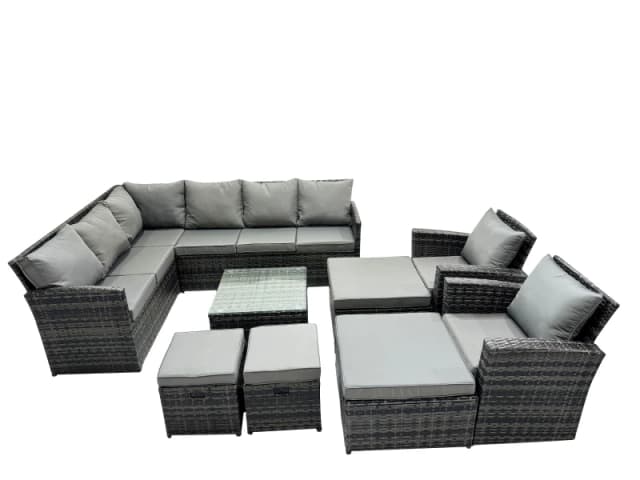 Fimous 12 Seat Poly Rattan Corner Sofa Set with 4 Stools 2 Chairs in Dark Grey Dark Grey Unisex