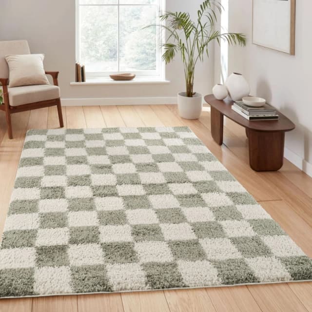 Chester Living Room Shaggy Area Rug Modern - Contemporary Checkered Design - Hallway Runner Indoor Rug Sage 200X290 Cm