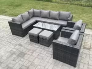 Fimous 8 Seater Outdoor Dark Grey Mixed Rattan Corner Sofa Set with Rectangular Coffee Table and 2 Big Footstool