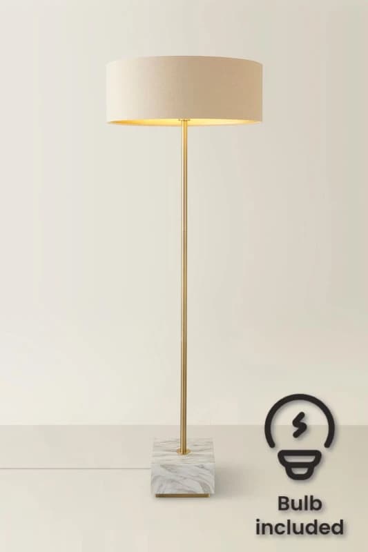 ValueLights ValueLights Brit Marble Floor Lamp with Natural Linen Drum Lamp Shade and LED Bulb Natural One Size Unisex 5059406066191