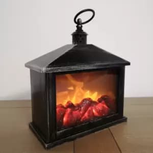 28cm Premier Christmas Battery Fireplace Lantern with Realistic Flame Effect in Rustic Silver