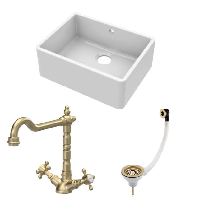 Balterley Single Bowl Butler Sink with Overflow, Waste & Classic Mono Tap in White White Unisex