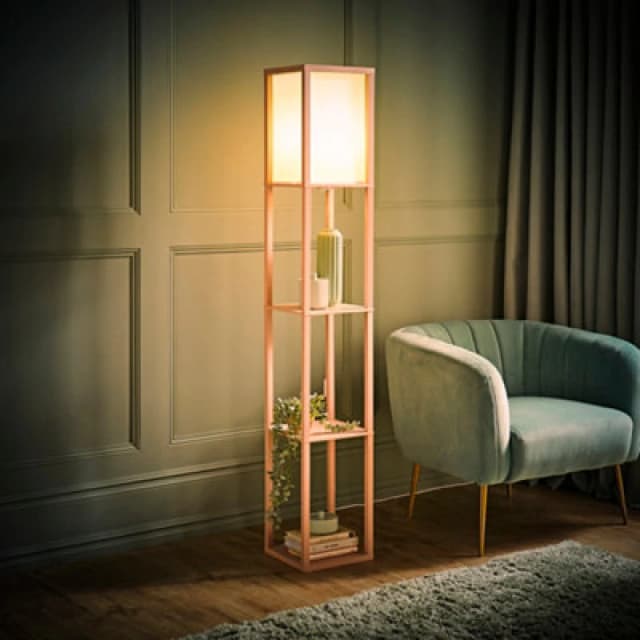 ValueLights ValueLights Struttura Pastel Wooden Shelving Floor Lamp with Fabric Shade and Bulb in Baby Pink Baby Pink One Size Unisex 5059406065880