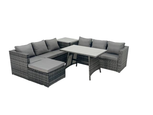 Fimous Rattan Dining Table Sofa Set with Side Table 2 Big Footstools Outdoor in Dark Grey Dark Grey Unisex