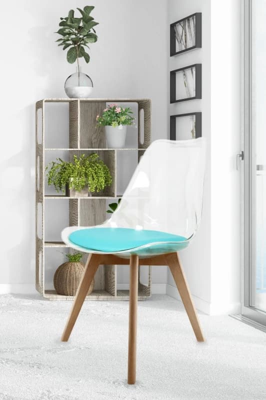 Fusion Living Soho Clear Plastic Dining Chair with Squared Light Wood Legs in Aqua Unisex