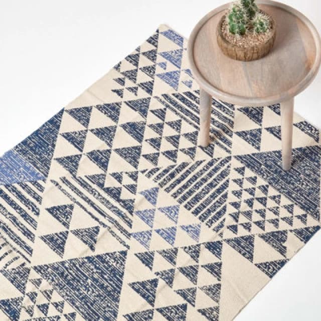Homescapes Delphi Blue And White Geometric Style 100% Cotton Printed Rug, 120 X 170 Cm