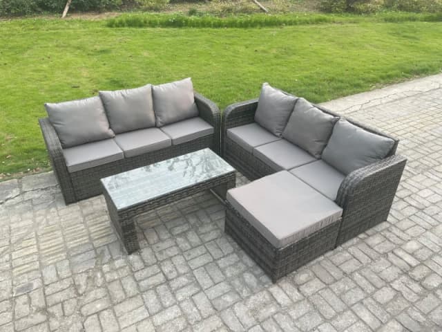 Fimous Outdoor Lounge Sofa Set Rattan Garden Furniture Set with Rectangular Coffee Table Big Footstool Dark Grey